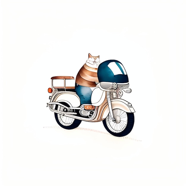 Ładny, gruby kot, kask, jadący na motocyklu, szkic akwarelowy. Ilustracja generatywna AI w stylu Grunge