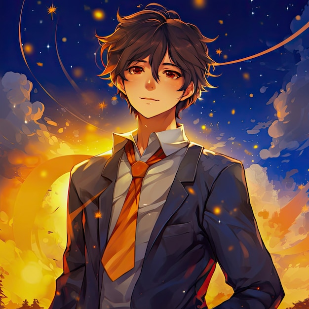 Ładny i przystojny chłopiec anime patrząc w niebo
