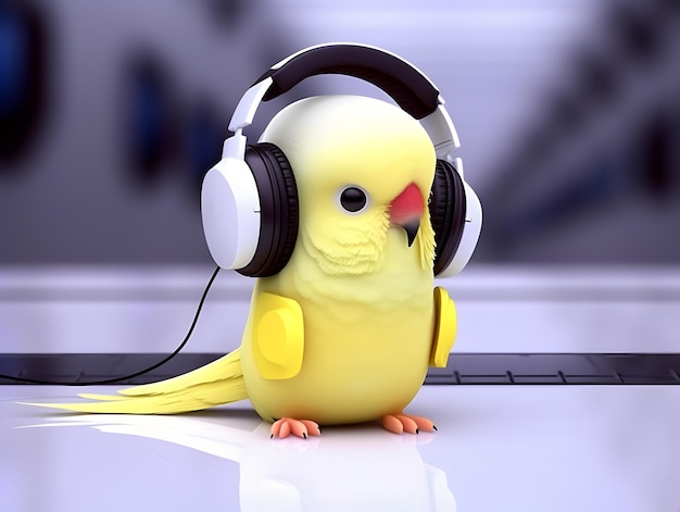 Ładny i uroczy ptak papuga ze słuchawką w głowie