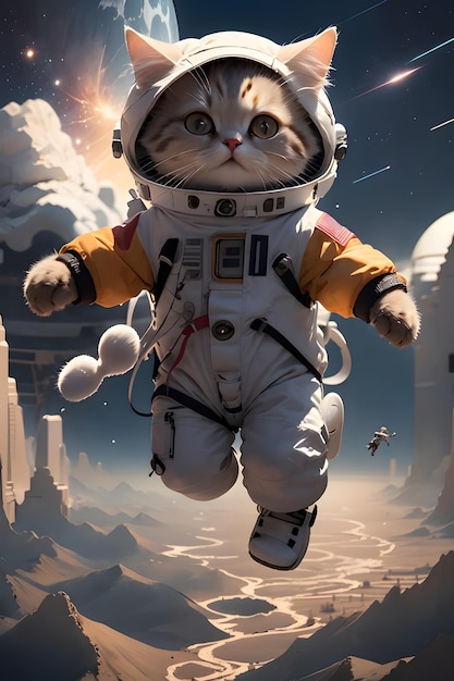 Ładny kot astronauta w tle ilustracji tapety skafandra kosmicznego