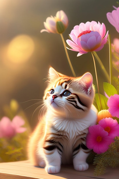 Ładny kot poranne kwiaty słońca