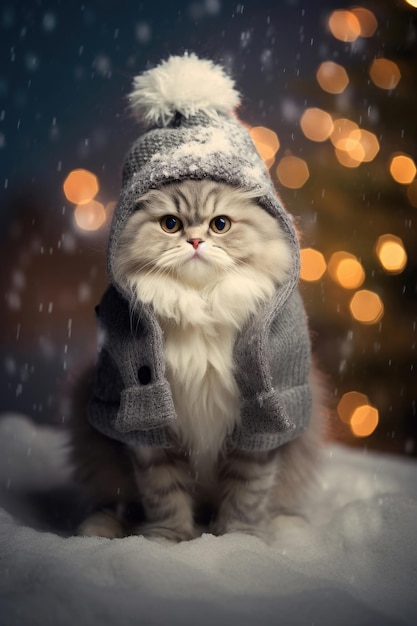 Ładny kot w kapeluszu na tle Bożego Narodzenia