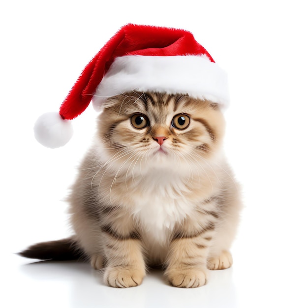 Ładny kotek ubrany w czerwony kapelusz bożonarodzeniowy, spójrz na kamerę odizolowaną na białym tle
