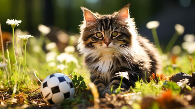 Ładny kotek w paski bawiący się piłką na świeżym powietrzu w przyrodzie