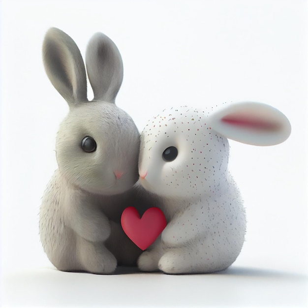 Ładny królik lub króliczek para zakochanych w sercach ilustracja kreskówka 3d renderowania