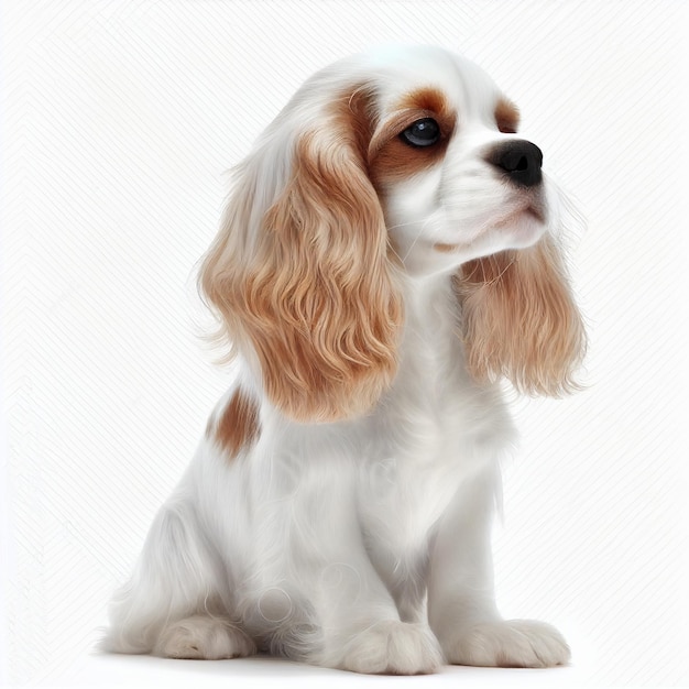 Ładny ładny czerwony beżowy żółty pies rasy cavalier king charles spaniel izolowany na białym zbliżeniu,