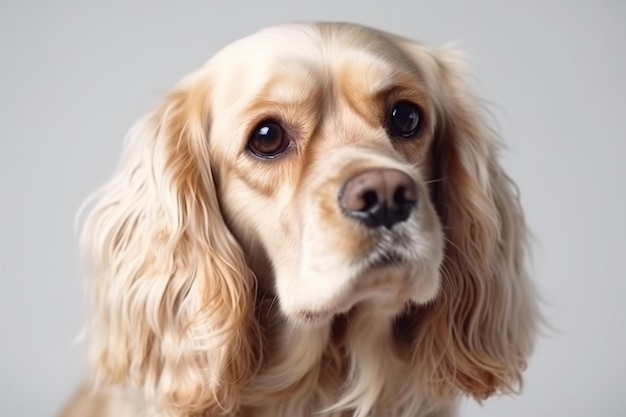 Ładny ładny żółty krem puszysty pies rasy cocker spaniel amerykański na białym tle na biały zbliżenie