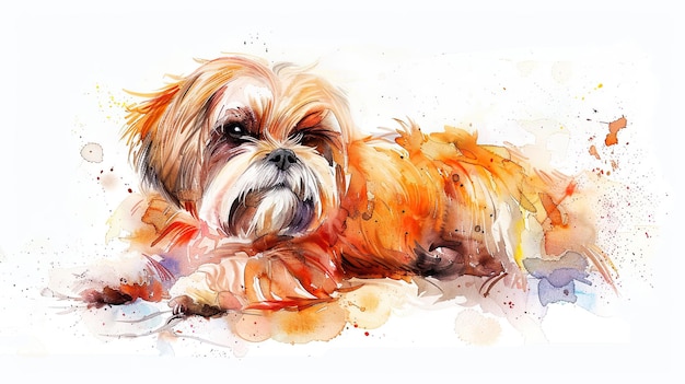 Ładny Lhasa Apso Delikatny akwarelowy portret zabawnego psa