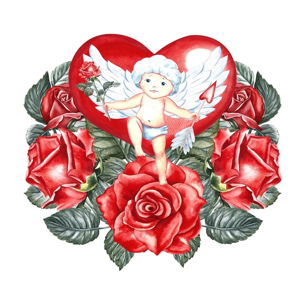 Ładny mały amorek na tle czerwonego serca z różami Ręcznie rysowana akwarela ilustracja