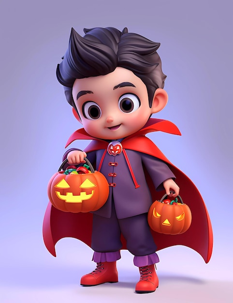 ładny mały chłopiec ubrany w zabawny kostium draculi z dynią halloweenową