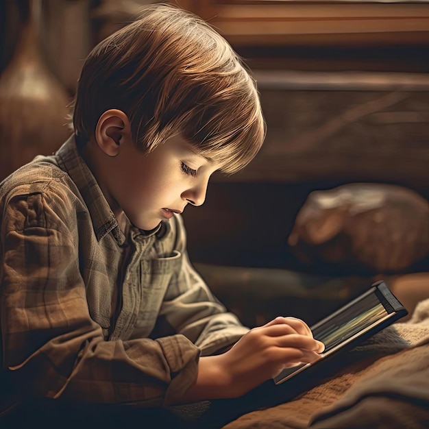 Ładny mały chłopiec za pomocą cyfrowego tabletu siedząc na kanapie w domu