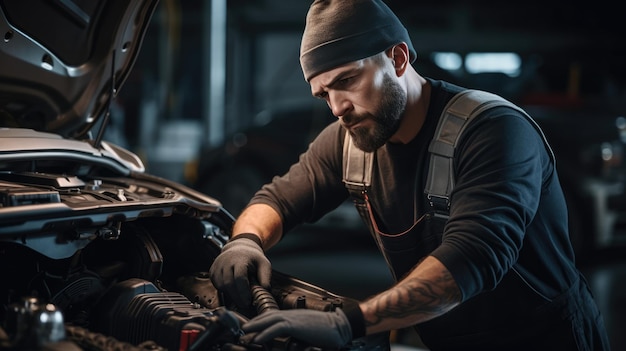 Zdjęcie Ładny mechanik pracujący nad pojazdem w warsztacie samochodowym