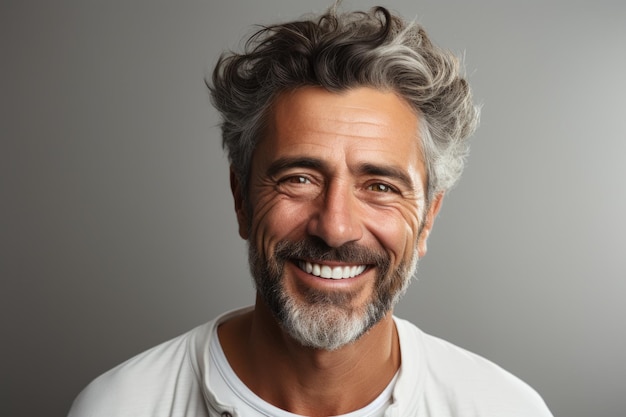 Ładny mężczyzna w średnim wieku z brodą noszący zwykłe ubrania na szarym tle Szczęśliwa twarz uśmiechająca się patrząc w kamerę Pozytywna osoba