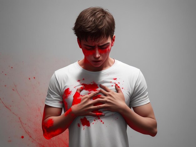 Ładny mężczyzna z atakiem serca lub złamanym sercem w pobliżu stojący na szarym tle czarno-biały z czerwonym akcentem