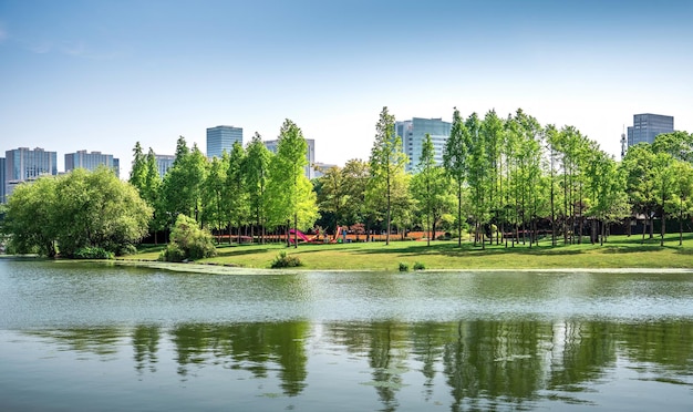 Ładny miejski park nad jeziorem.