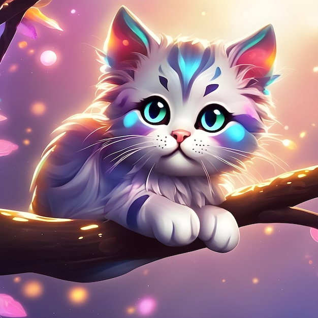 Ładny mistyczny kot na gałęzi drzewa