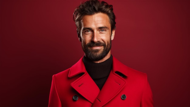 Ładny młody człowiek z brodą w zwykłych ubraniach na czerwonym tle z szczęśliwym i chłodnym uśmiechem