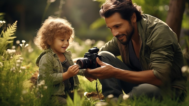 Ładny młody mężczyzna i jego urocza mała córka fotografują w przyrodzie
