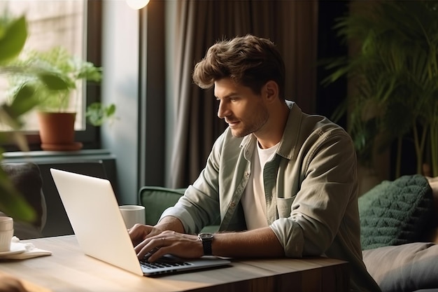 Ładny młody mężczyzna używający laptopa w domu Studenci odpoczywają w swoim pokoju w domu