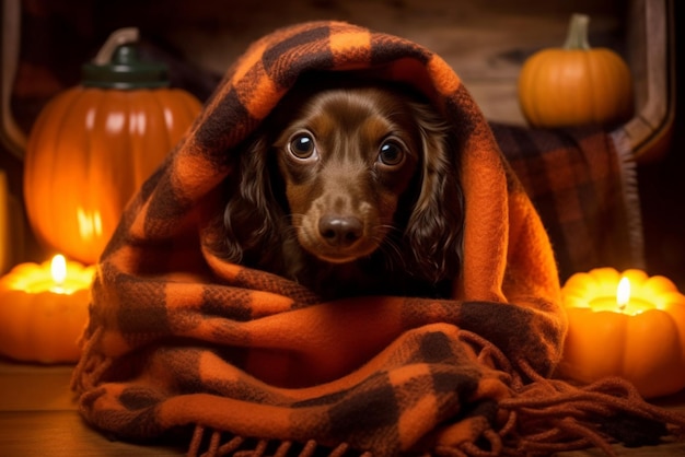 Ładny pies jamnik owinięty w koc wśród dyni i świec Koncepcja jesieni i Halloween Generatywna zawartość AI