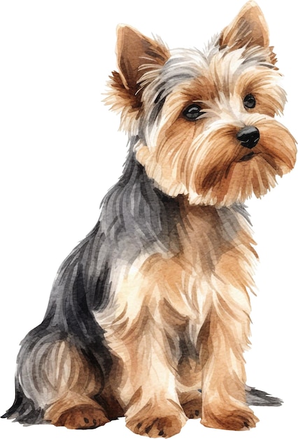 Ładny pies yorkshire terrier siedzi akwarela całego ciała na białym tle