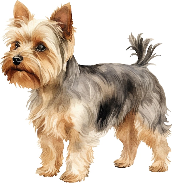 Ładny pies yorkshire terrier stojący całe ciało widok z tyłu akwarela na białym tle