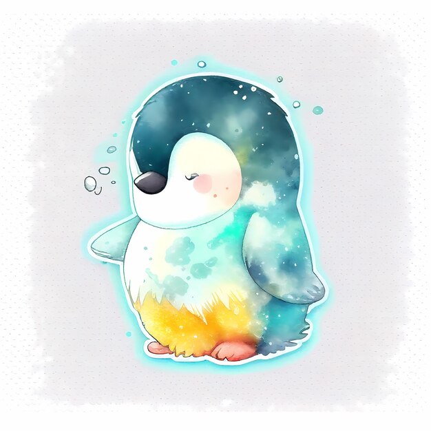 ładny projekt naklejki pingwina, ilustracja na akwareli