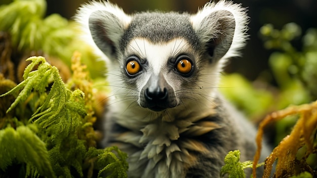 Ładny prymas lemur patrząc na aparat czarno-biały portret