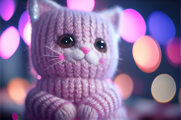 Ładny różowy dzianinowy kot koteczek zabawka przytulny bokeh niewyraźne tło Generative AI