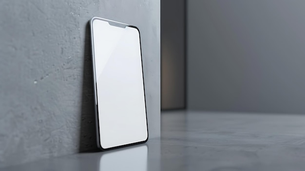 Ładny smartfon z pustym ekranem stoi przy betonowej ścianie w nowoczesnym pokoju