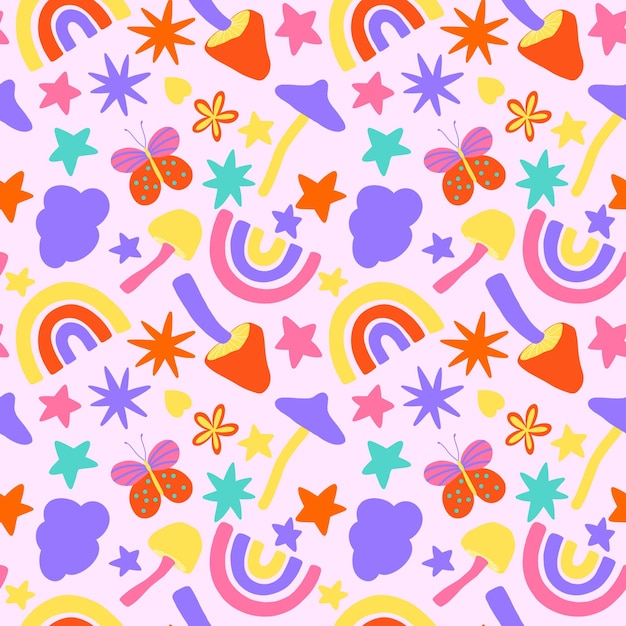 Ładny tęcza doodle, grzyb, gwiazda wzór. Nowoczesny, płaski, powtarzalny nadruk na różu