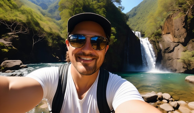 Ładny turysta robi selfie przed wodospadem.