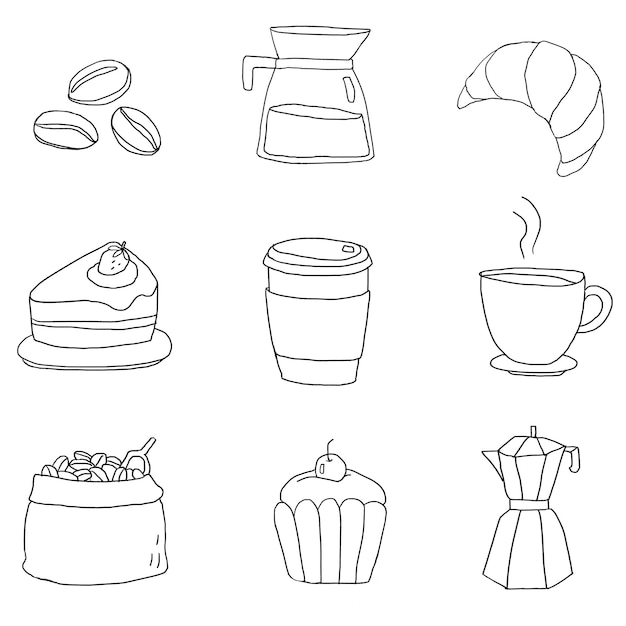 Ładny zestaw elementów projektu doodle kawy