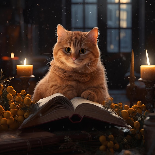 Ładny złoty kot czytający książkę obrazy Generative AI