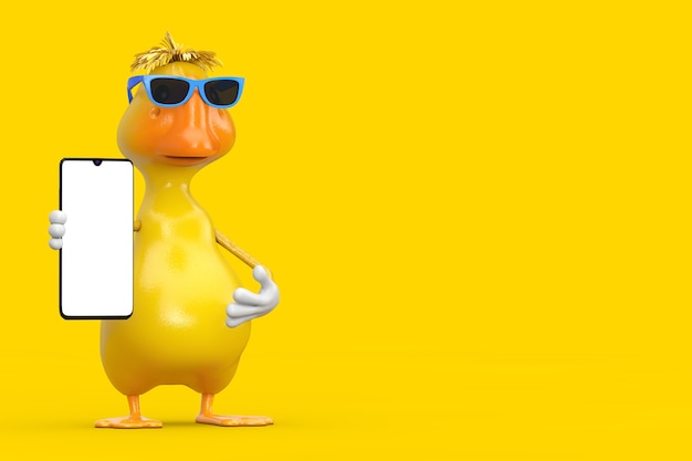 Ładny żółty kreskówka kaczka osoba maskotka znaków i nowoczesny telefon komórkowy z pustym ekranem do projektowania na żółtym tle. Renderowanie 3D