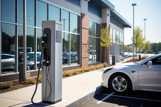Ładowanie akumulatora samochodu elektrycznego na stacji ładowania pojazdów elektrycznych Generative AI