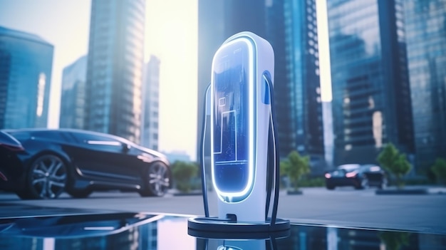 Ładowanie futurystycznego samochodu elektrycznego na zewnątrz na nowoczesnej ulicy miasta nieostre Generacyjna sztuczna inteligencja