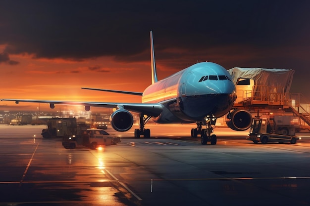 Ładowanie komercyjnego samolotu towarowego z ładunkiem na lotnisku Generative AI