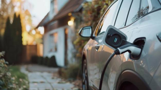 Ładowanie pojazdu elektrycznego w domu z niewyraźnym tłem