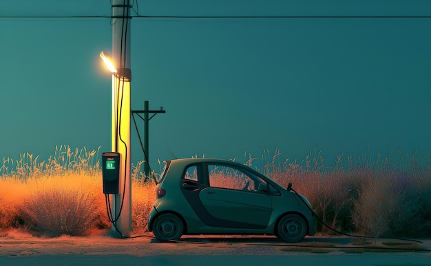 Zdjęcie Ładowanie samochodów elektrycznych o zmierzchu na odizolowanej drodze koncepcja czystej energii w malowniczym otoczeniu przyjazny dla środowiska transport i podróż ai