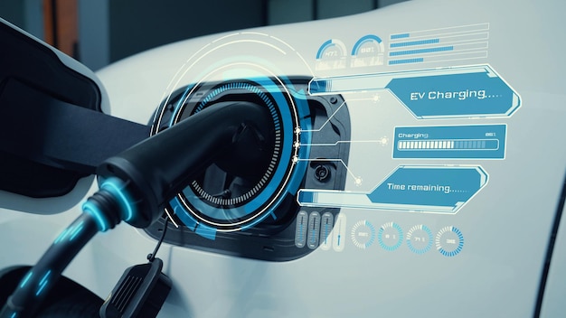 Ładowarka elektryczna z domowej stacji ładowania podłączona i ładująca samochód elektryczny wyświetlający cyfrowy hologram stanu baterii Inteligentna i futurystyczna infrastruktura energetyczna domu Przejrzyj