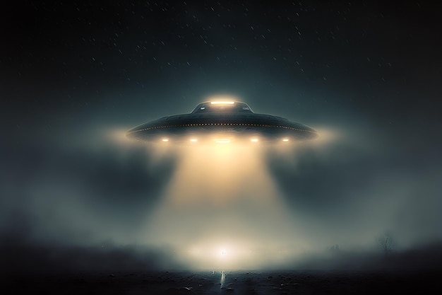 Lądujące UFO tajemnicze światła i kosmici ujawniają się w ciemnej nocy