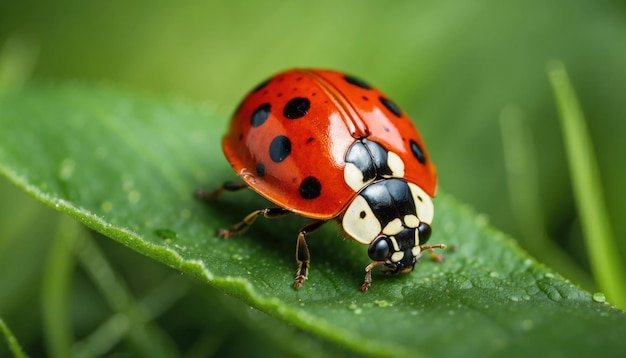 Ladybug na zielonym liście trawy wygenerowany przez AI