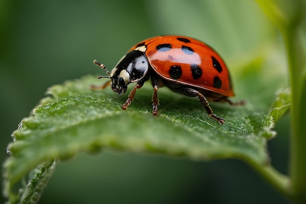 Zdjęcie ladybug na zielonym liście z czarną kropką na plecach