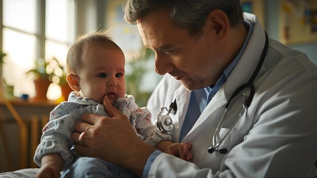 Łagodna opieka Pediatryczni lekarze delikatnie badają noworodka w przytulnej klinice