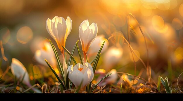 Łagodne białe krokusy kwitną na nasłonecznionym polu, zapowiadając nadejście wiosny w ciepłym złotym blasku, symbolizującym nowe początki i odrodzenie natury.