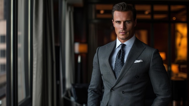 Łagodny i pewny siebie biznesmen stoi w luksusowym biurze ubrany w elegancki garnitur