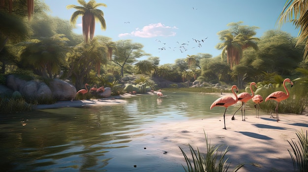 Laguna Flamingo z obszarem lęgowym wysp to oszałamiający eksponat, który zapewnia odwiedzającym wciągające wrażenia Wygenerowane przez AI