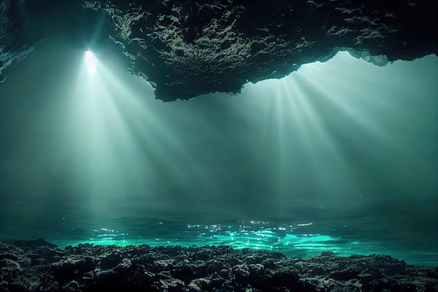 Laguna jeziora oceanicznego w podwodnej jaskini ze stalaktytami i stalagmitami