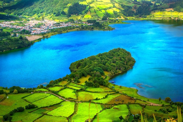 Laguna Sete Cidades Na Wyspie Sao Miguel Azory Pod Koniec Dnia